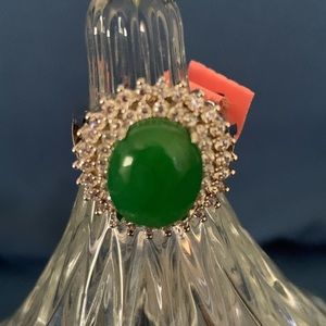 Burmese green jade with white zircon ring size 5